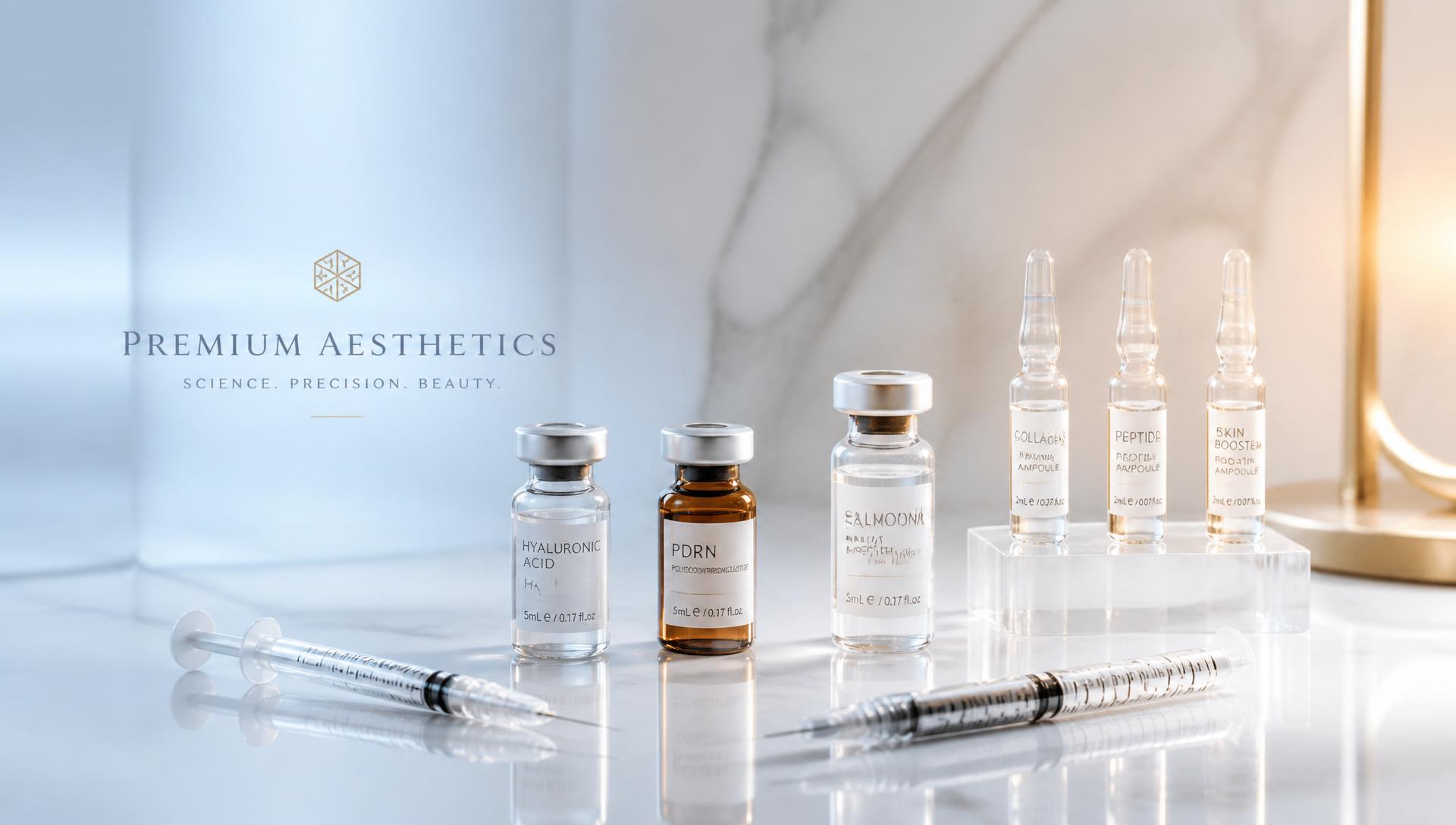 Insumos premium para estética sobre superfície de mármore